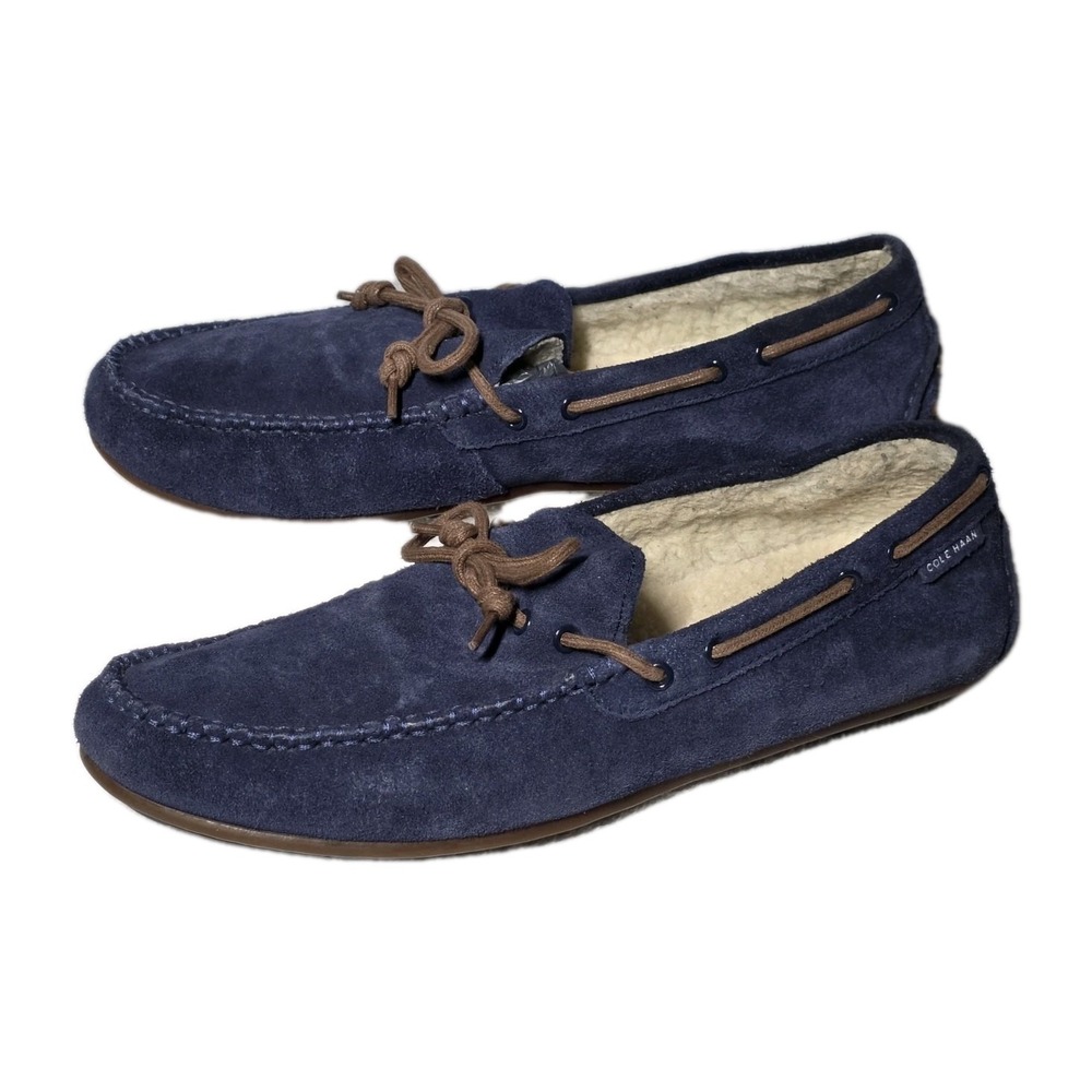Cole Haan Grand OS Blue suede moccasin slippers Loafers Shearling lining Sz 11.5